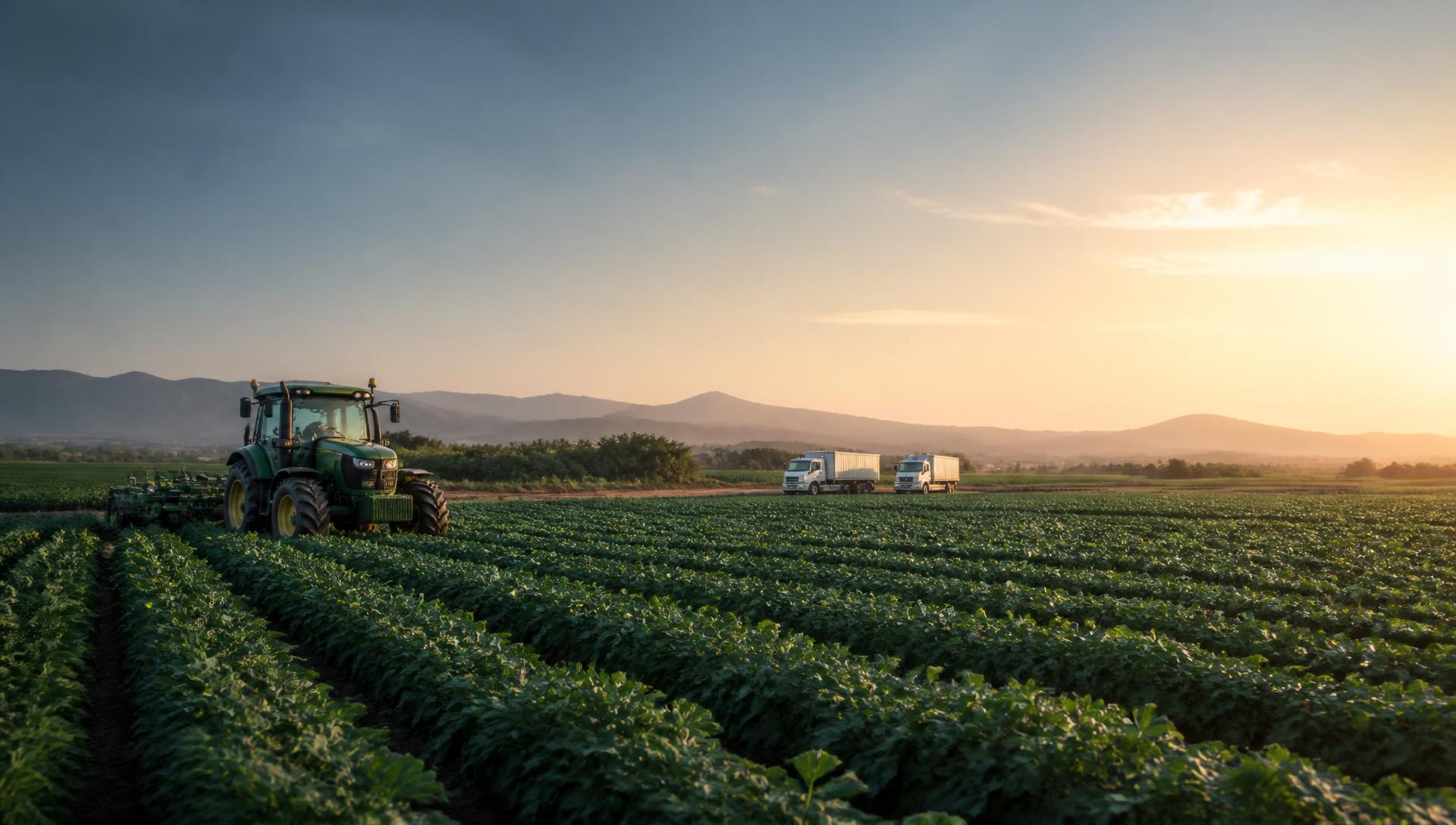 Campo agrícola con tractor y unidades de transporte MOCAV